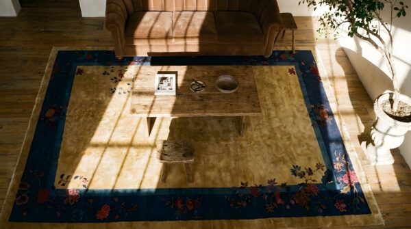 Antique large art deco chinese floral knotted rug 2 Antique large art deco chinese floral knotted rug (sku 24763) - styled overhead view