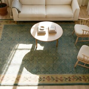 Antique Large Aubusson French Allover Geometric Flat Weave Rug (SKU 25228) - styled overhead view