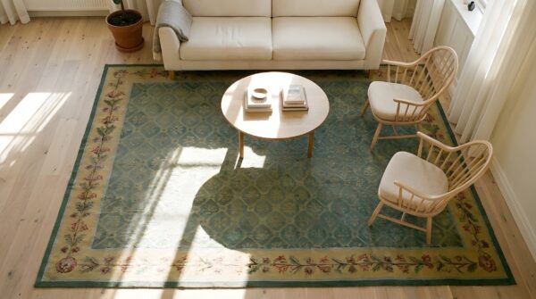 Antique large aubusson french allover geometric flat weave rug 2 Antique large aubusson french allover geometric flat weave rug (sku 25228) - styled overhead view