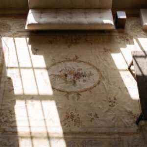 Antique Large Aubusson French Allover Medallion Flat Weave Rug (SKU 24278) - styled overhead view
