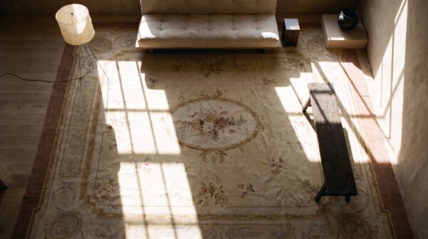 Antique large aubusson french allover medallion flat weave rug 2 Antique large aubusson french allover medallion flat weave rug (sku 24278) - styled overhead view