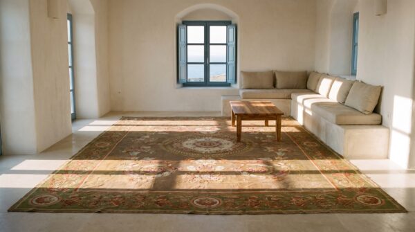Antique large aubusson french floral, medallion knotted rug 8 Antique large aubusson french floral, medallion knotted rug (sku 24666) - room view