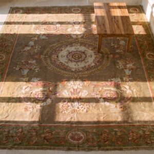 Antique Large Aubusson French Floral, Medallion Knotted Rug (SKU 24666) - styled overhead view