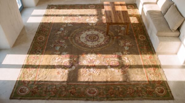 Antique large aubusson french floral, medallion knotted rug 2 Antique large aubusson french floral, medallion knotted rug (sku 24666) - styled overhead view