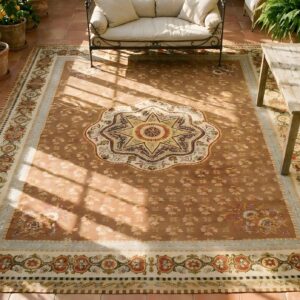 Antique Large Aubusson French Floral, Medallion Flat Weave Rug (SKU 24752) - styled overhead view
