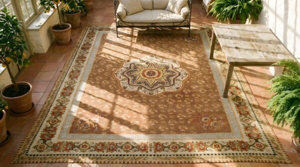 Antique large aubusson french floral, medallion flat weave rug 2 Antique large aubusson french floral, medallion flat weave rug (sku 24752) - styled overhead view