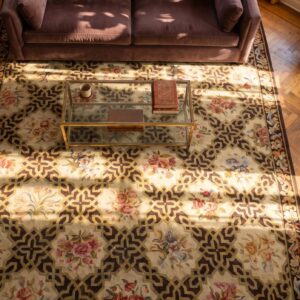 Antique Large Aubusson French Geometric Knotted Rug (SKU 24700) - styled overhead view