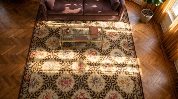 Antique large aubusson french geometric knotted rug 2 Antique large aubusson french geometric knotted rug (sku 24700) - styled overhead view