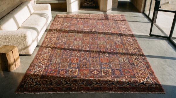 Antique large bakhtiari persian knotted rug 2 Antique large bakhtiari persian knotted rug (sku 18943) - styled overhead view