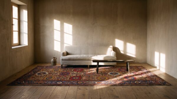 Antique large bakhtiari persian geometric knotted rug (sku 24092) - room view