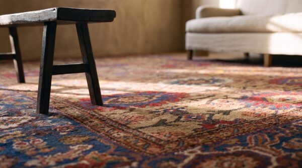 Antique large bakhtiari persian geometric knotted rug (sku 24092) - in-room detail