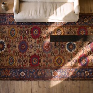 Antique Large Bakhtiari Persian Geometric Knotted Rug (SKU 24092) - styled overhead view