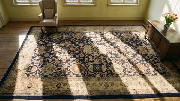 Antique large bibikabad persian allover geometric knotted rug 2 Antique large bibikabad persian allover geometric knotted rug (sku 25188) - styled overhead view