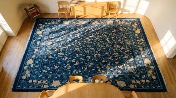 Antique large wool blue hand knotted pile rug 2 Antique large wool blue hand knotted pile rug (sku 24625) - styled overhead view