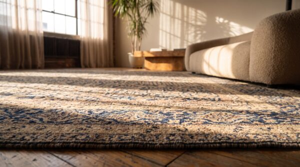 Large antique blue allover cypress and weep willow trees floral design indian lahore rug 6 Large antique blue allover cypress and weep willow trees floral design indian lahore rug (sku 20800) - in-room detail