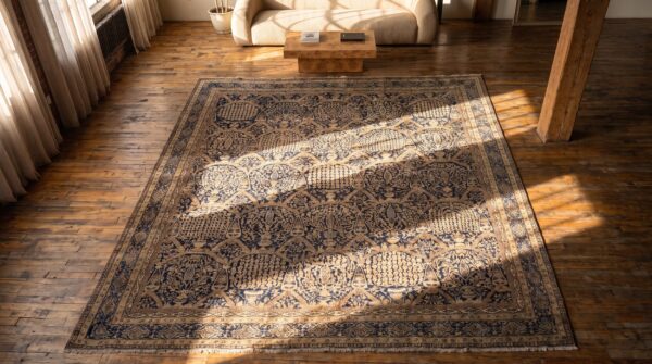 Large antique blue allover cypress and weep willow trees floral design indian lahore rug 2 Large antique blue allover cypress and weep willow trees floral design indian lahore rug (sku 20800) - styled overhead view