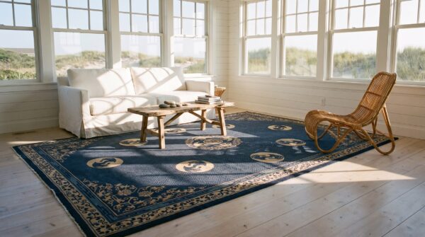 Large blue antique medallion chinese crane and bat design hand knotted peking rug 8 Large blue antique medallion chinese crane and bat design hand knotted peking rug (sku 23374) - room view
