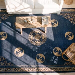 Large Blue Antique Medallion Chinese Crane and Bat Design Hand Knotted Peking Rug (SKU 23374) - styled overhead view