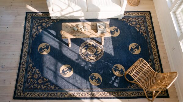 Large blue antique medallion chinese crane and bat design hand knotted peking rug 2 Large blue antique medallion chinese crane and bat design hand knotted peking rug (sku 23374) - styled overhead view