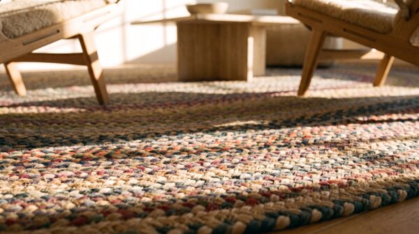 Antique large braided american allover flat weave oval rug 11 Antique large braided american allover flat weave oval rug (sku 24183) - in-room detail