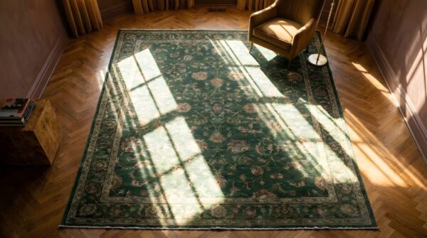 Antique large chinese - art deco knotted rug geometric 2 Antique large chinese - art deco knotted rug geometric (sku 23519) - styled overhead view