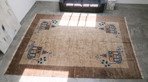 Antique large chinese - art deco chinese knotted rug handcrafted 2 Antique large chinese - art deco chinese knotted rug handcrafted (sku 22523) - styled overhead view