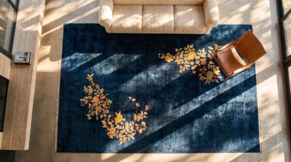 Antique large chinese floral hand knotted pile rug (sku 24079) - styled overhead view