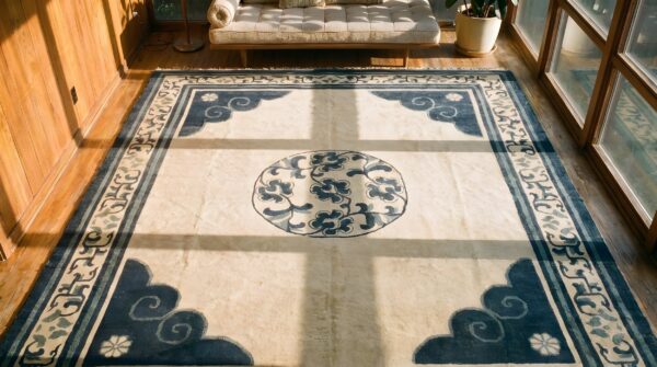 Antique large chinese - mongolian knotted rug 2 Antique large chinese - mongolian knotted rug (sku 23146) - styled overhead view