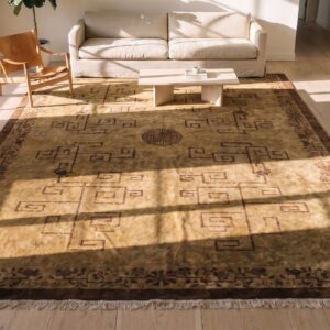 Antique Large Chinese Neutral Color Soft Wool Pile Geometric Pattern Peking Carpet (SKU 21247) - styled overhead view