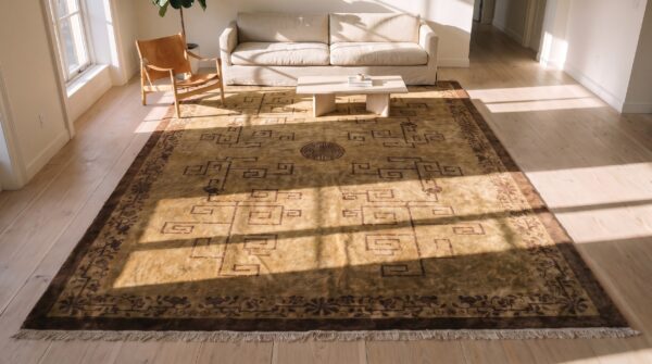 Antique large chinese neutral color soft wool pile geometric pattern peking carpet 2 Antique large chinese neutral color soft wool pile geometric pattern peking carpet (sku 21247) - styled overhead view