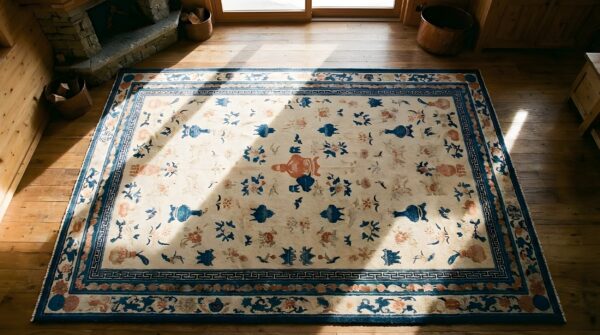Antique large chinese - ningxia chinese allover floral knotted rug (sku 24948) - styled overhead view