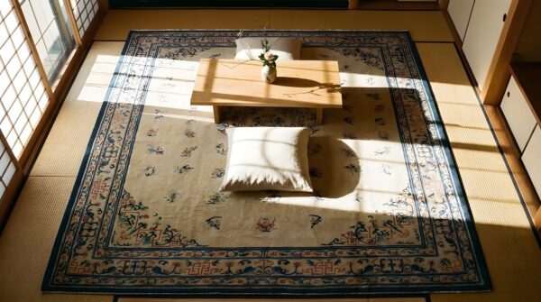 Antique large chinese - peking knotted rug artisanal (sku 25582) - styled overhead view