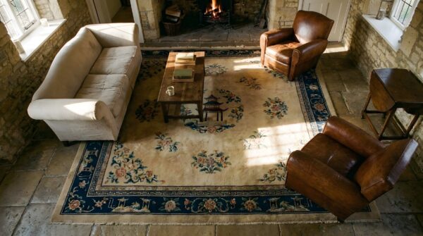 Antique large chinese - peking chinese floral, medallion rug (sku 25118) - styled overhead view