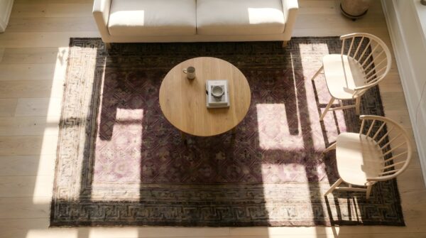 Antique large chinese purple baotou knotted rug 2 Antique large chinese purple baotou knotted rug (sku 25584) - styled overhead view