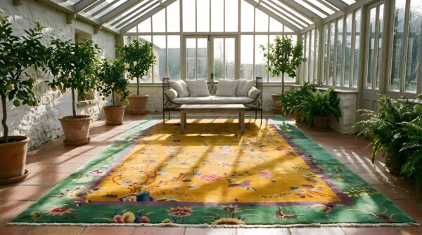 Antique large chinese yellow art deco knotted rug (sku 25752) - room view