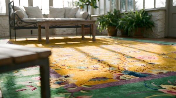 Antique large chinese yellow art deco knotted rug (sku 25752) - in-room detail