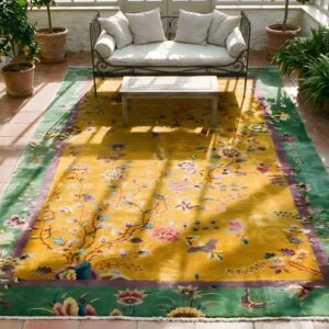 Antique Large Chinese Yellow Art Deco Knotted Rug (SKU 25752) - styled overhead view