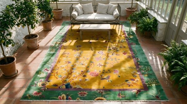 Antique large chinese yellow art deco knotted rug (sku 25752) - styled overhead view