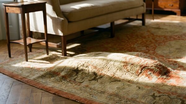 Antique large coral amritsar indian medallion knotted rug 12 Antique large coral amritsar indian medallion knotted rug (sku 22882) - in-room detail