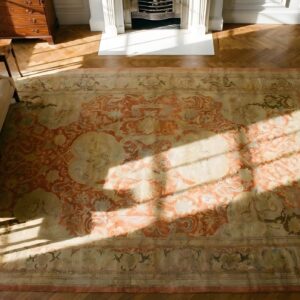 Antique Large Coral Amritsar Indian Medallion Knotted Rug (SKU 22882) - styled overhead view