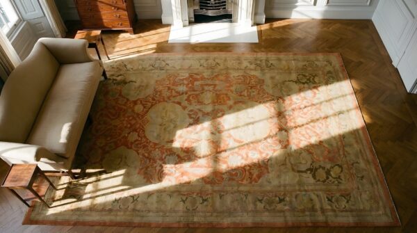 Antique large coral amritsar indian medallion knotted rug 2 Antique large coral amritsar indian medallion knotted rug (sku 22882) - styled overhead view