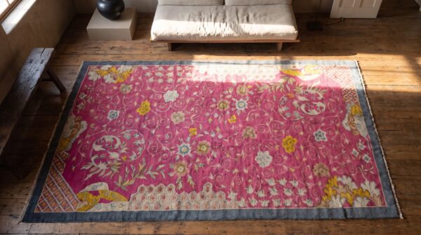 Antique large coral chinese - art deco chinese knotted rug 2 Antique large coral chinese - art deco chinese knotted rug (sku 21128) - styled overhead view