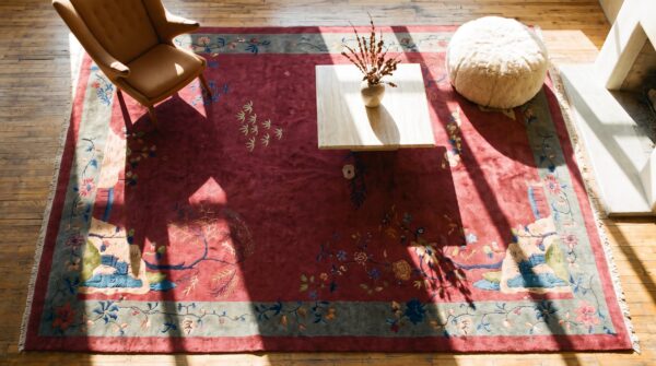 Antique large coral chinese - art deco chinese allover floral knotted rug (sku 24847) - in-room detail