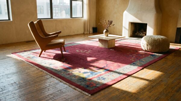 Antique large coral chinese - art deco chinese allover floral knotted rug (sku 24847) - styled overhead view