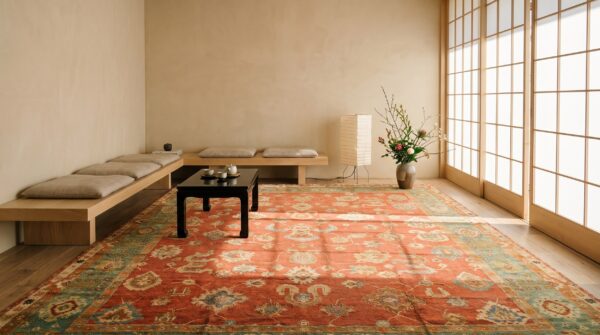 Antique large coral donegal - arts & crafts ireland knotted rug 10 Antique large coral donegal - arts & crafts ireland knotted rug (sku 20210) - room view