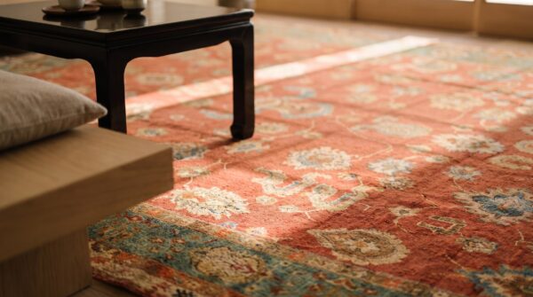 Antique large coral donegal - arts & crafts ireland knotted rug 11 Antique large coral donegal - arts & crafts ireland knotted rug (sku 20210) - in-room detail