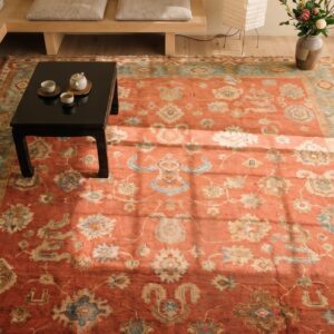 Antique Large Coral Donegal - Arts & Crafts Ireland Knotted Rug (SKU 20210) - styled overhead view