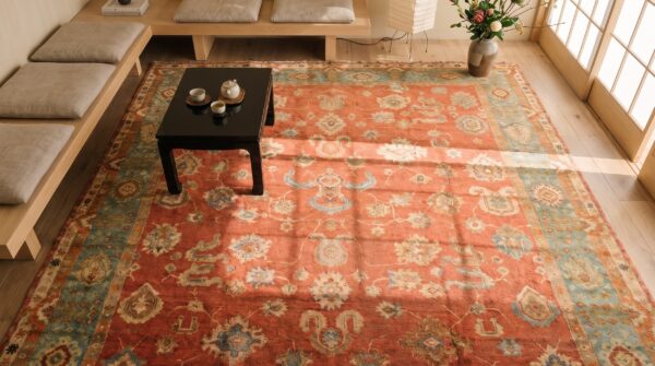 Antique large coral donegal - arts & crafts ireland knotted rug 2 Antique large coral donegal - arts & crafts ireland knotted rug (sku 20210) - styled overhead view