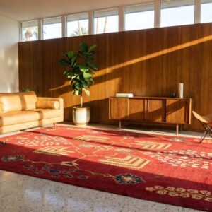 Antique Large Coral Donegal - Arts & Crafts Ireland Geometric Knotted Rug (SKU 24303) - room view