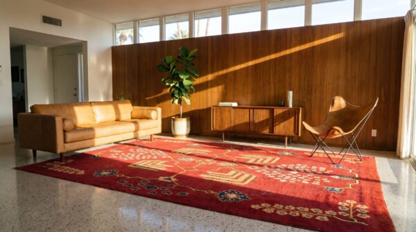 Antique large coral donegal - arts & crafts ireland geometric knotted rug (sku 24303) - room view